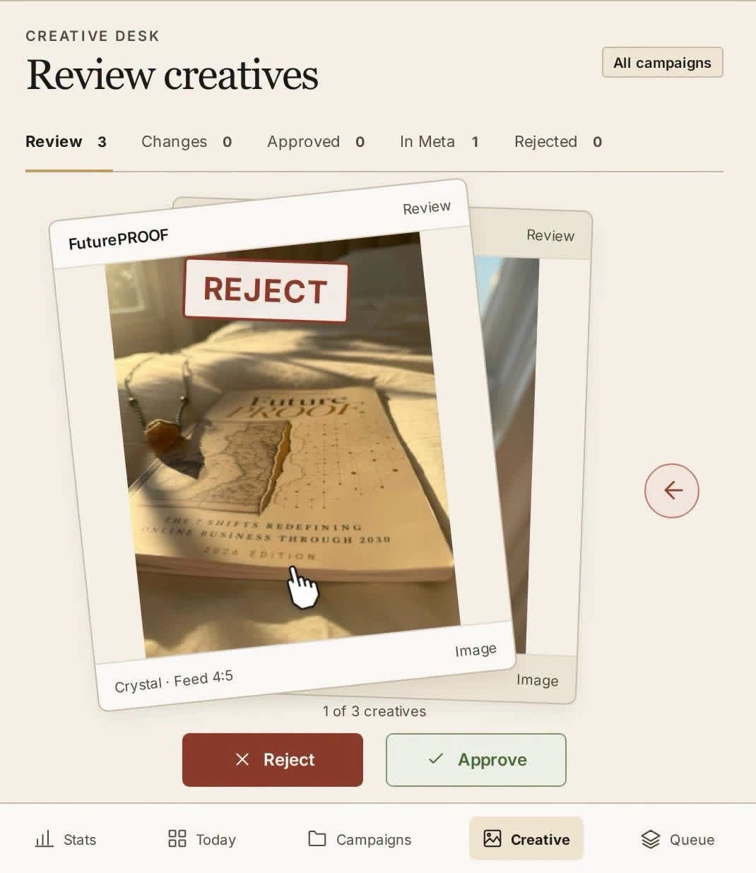 A creative card swiped left with a Reject stamp.