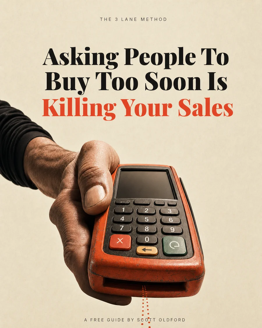 A payment terminal with the headline Asking People to Buy Too Soon Is Killing Your Sales.
