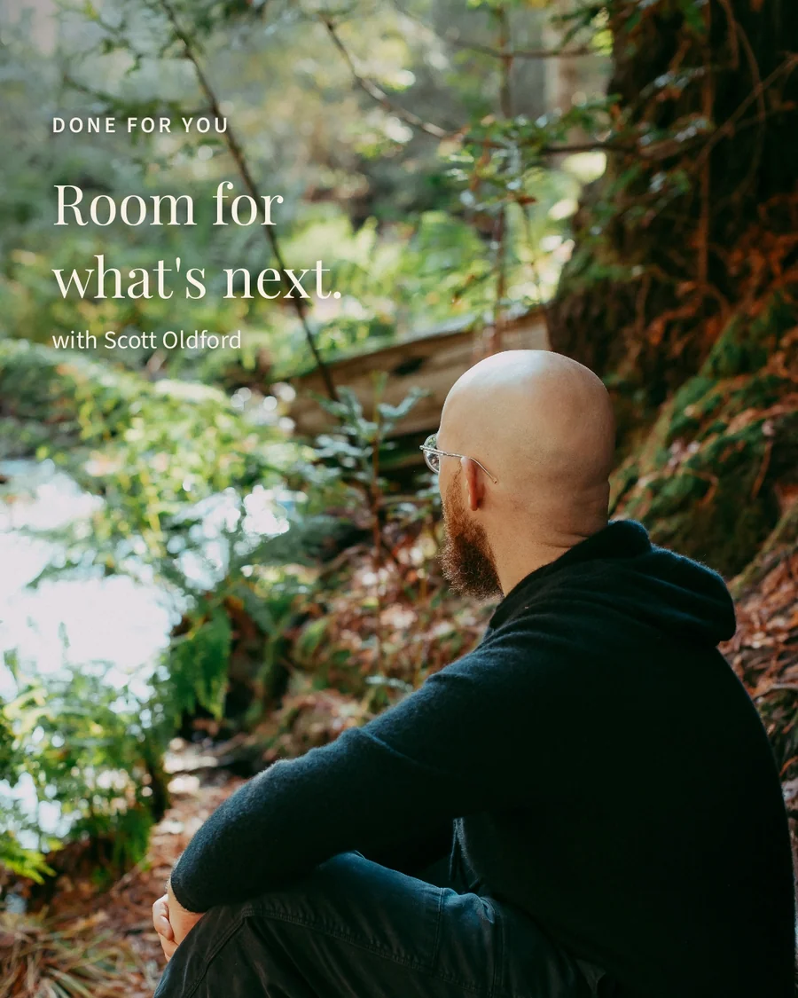 Scott sitting beside a creek, looking away, with Room for what's next text.