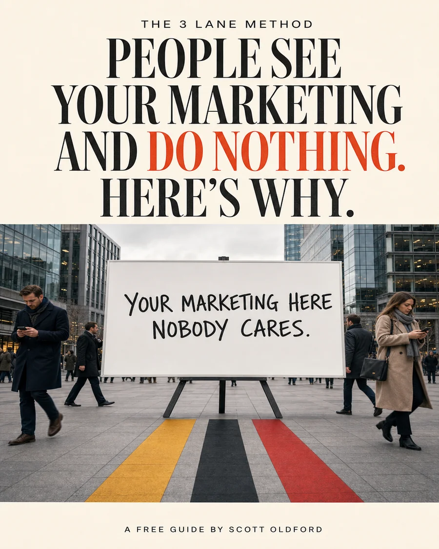 A billboard on a busy sidewalk beneath a headline about people seeing marketing and doing nothing.