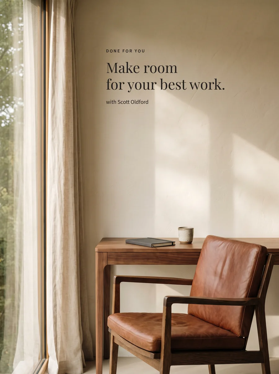 An empty chair at a sunlit desk with Make room for your best work.