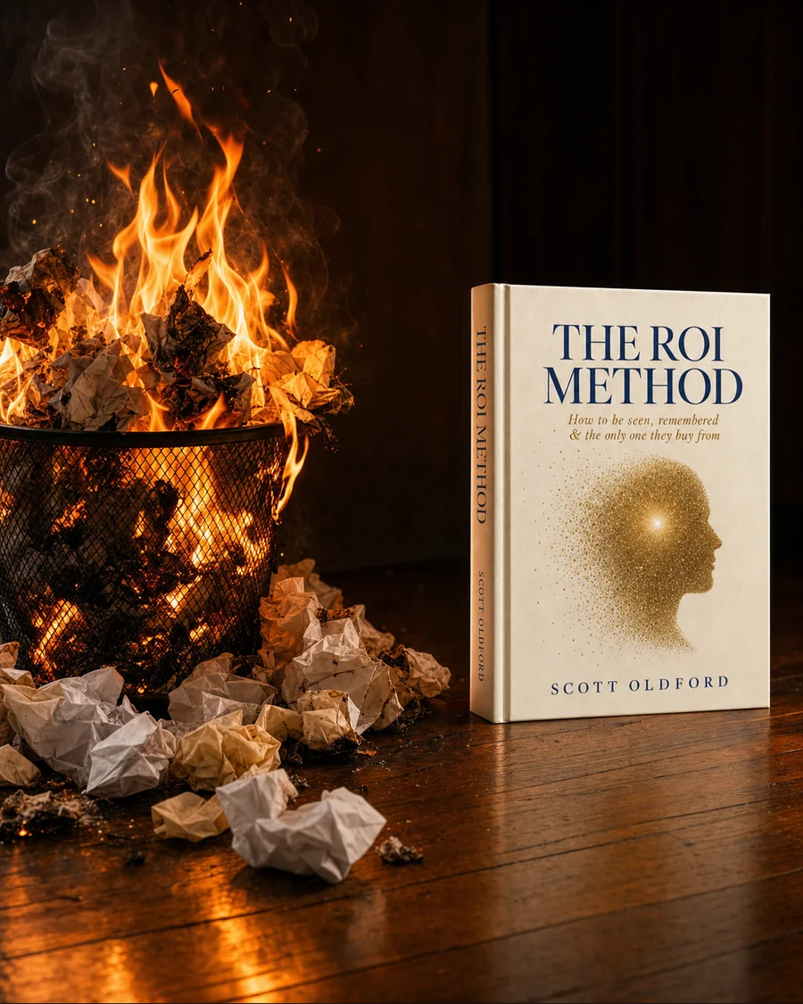 A wire trash bin on fire beside The ROI Method book.